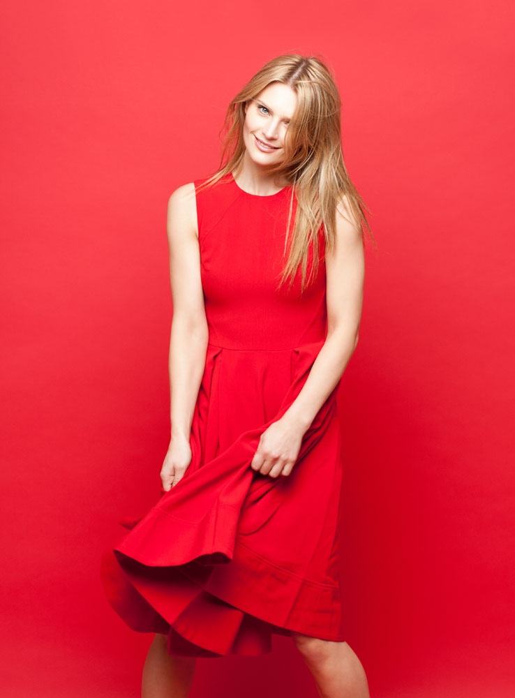 Beautiful Blonde in a red dress fashion model (2)