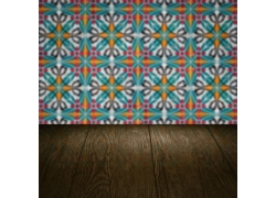 Empty wood table top and blur vintage ceramic tile pattern w